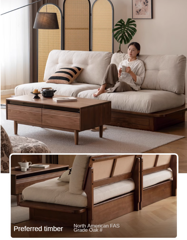 Oak Solid Wood Modern Fabric Sofa.