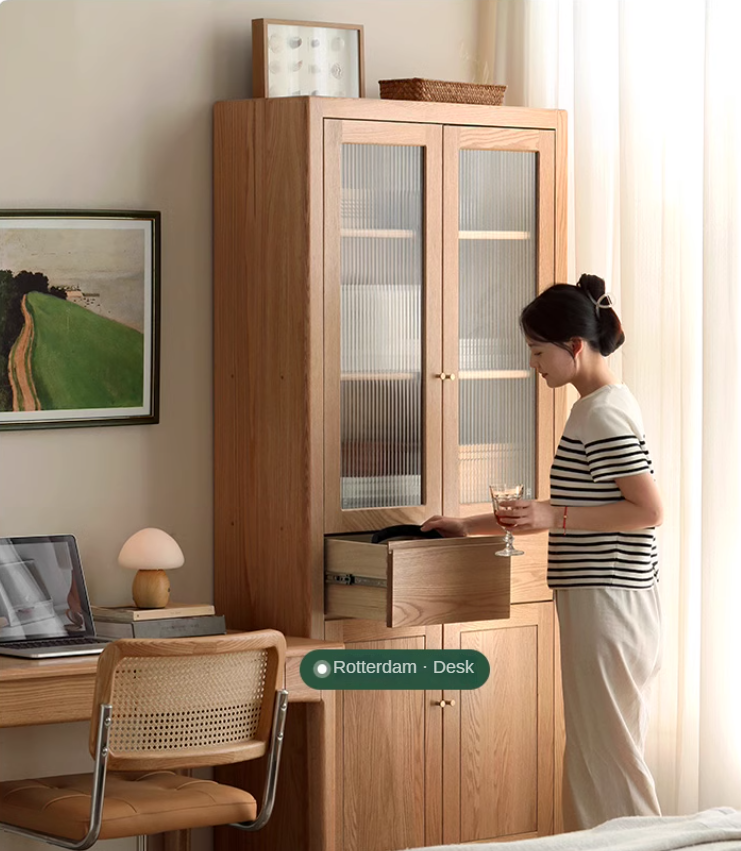 Oak Solid Wood Bookcase With Glass Door.