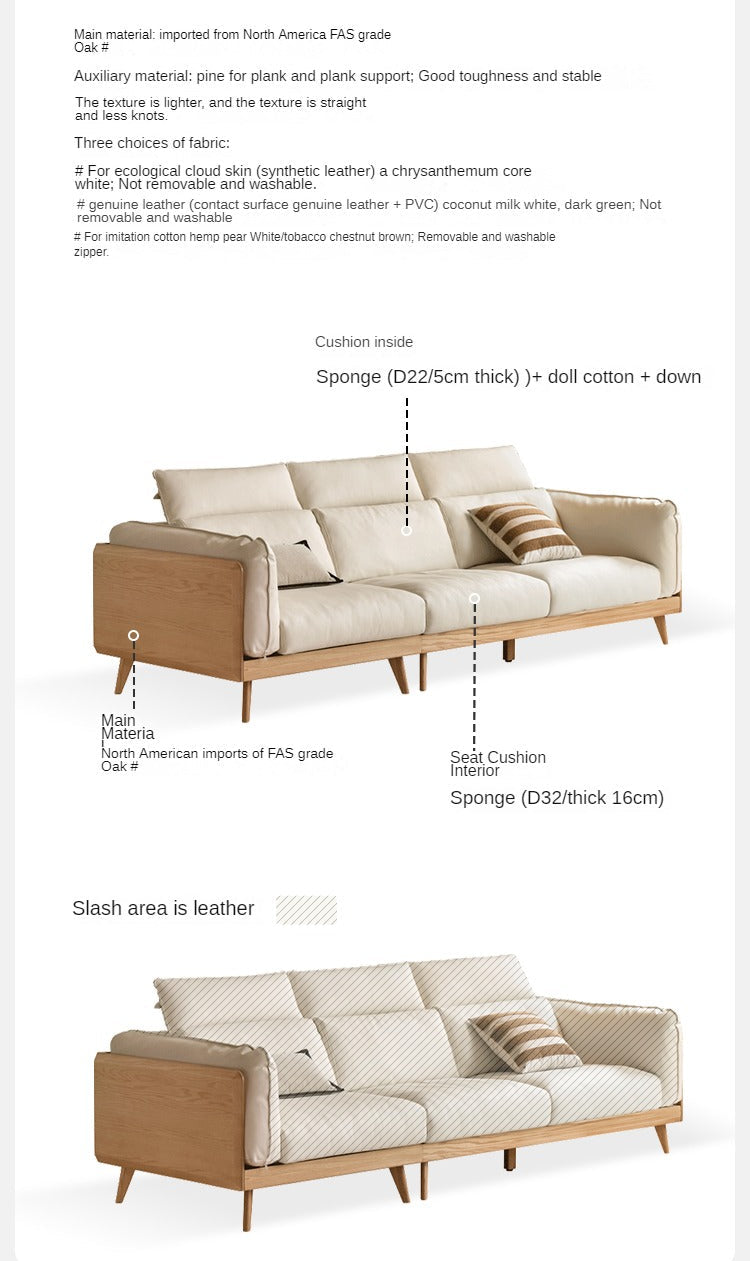 Oak, Ash Solid Wood High-Back Sofa with Adjustable Headrests