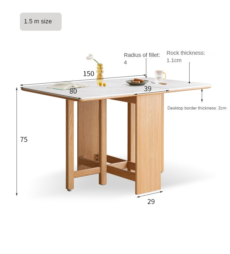 Oak Solid Wood Foldable Dining Table With Rock Slab Surface