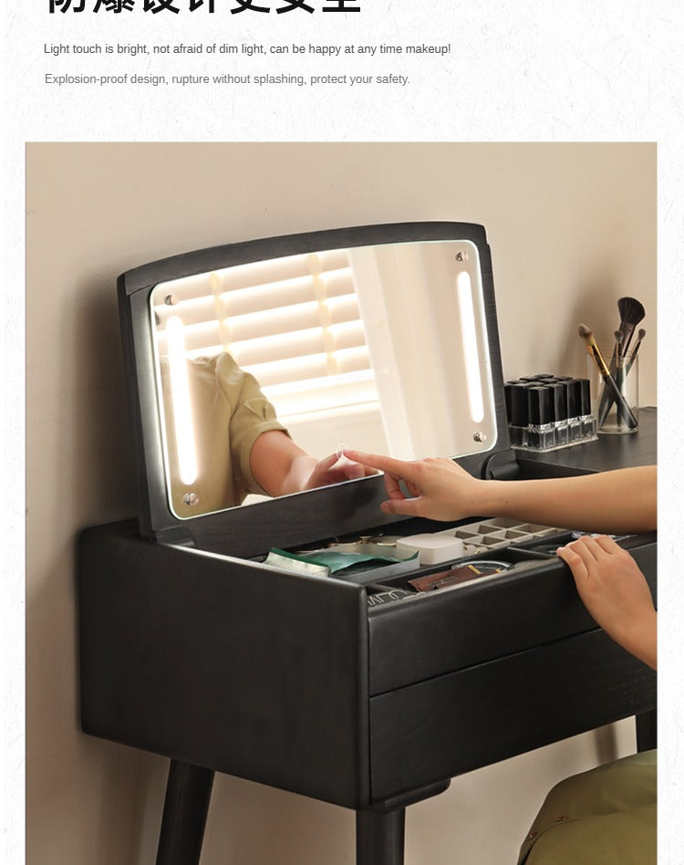 Oak Solid Wood Black Makeup Table Mirror LED Touch.