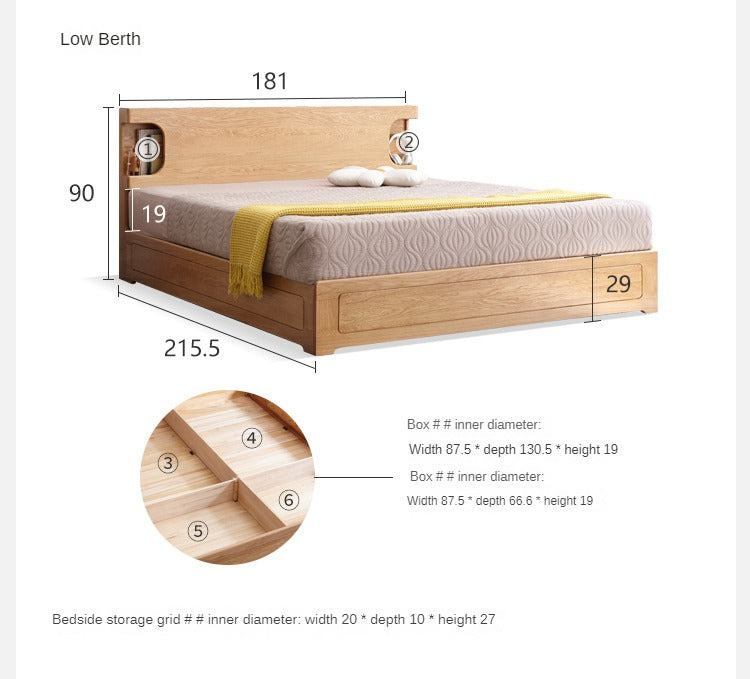 Oak Solid Wood Drawer Storage Bed with Sockets Box Bed