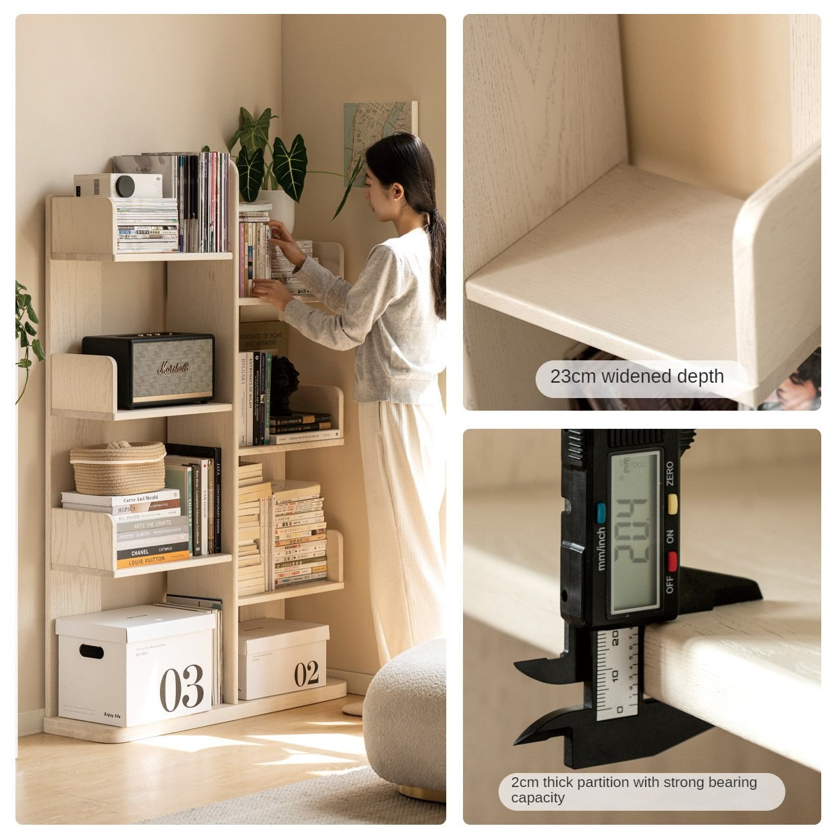 Oak Solid Wood Floor to Floor Cream Cactus Shelf Corner Bookcase Display<