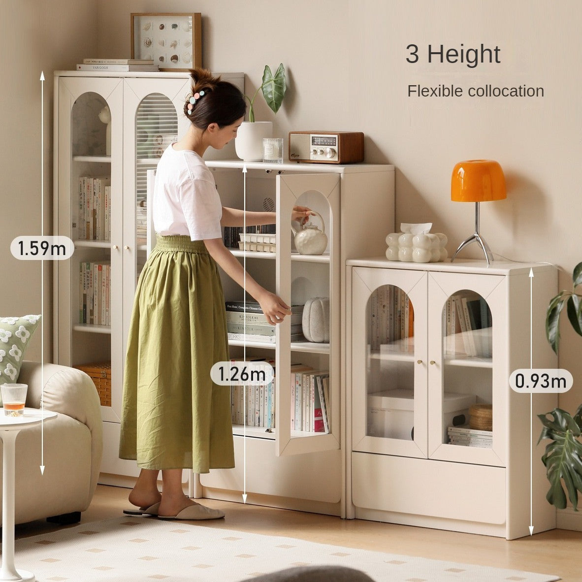 Solid RubberWood Bookcase With Door French Cream Style
