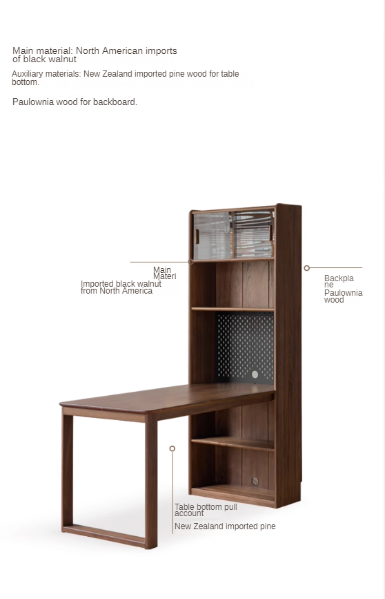Black Walnut Solid Wood Light Luxury Style Storage Cabinet Integrated Office Desk.