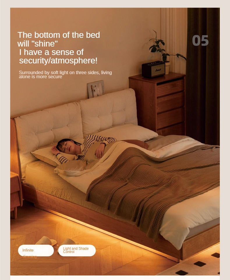 Cherry Solid Wood Box Bed Top Genuine Leather, Corduroy Suspended Bed