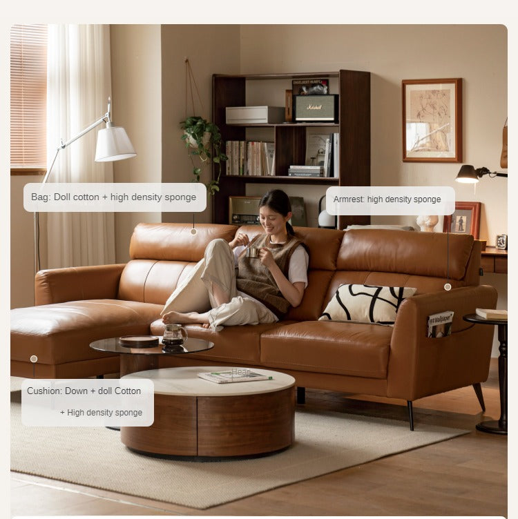 First-layer Yellow Cowhide Leather Sofa Light Luxury Italian Style.