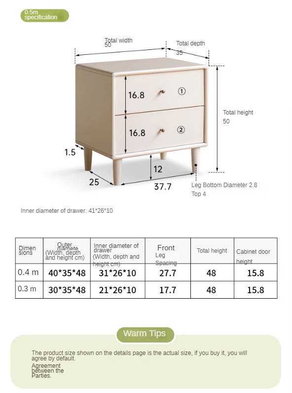 Solid RubberWood White Cream Style Nightstand