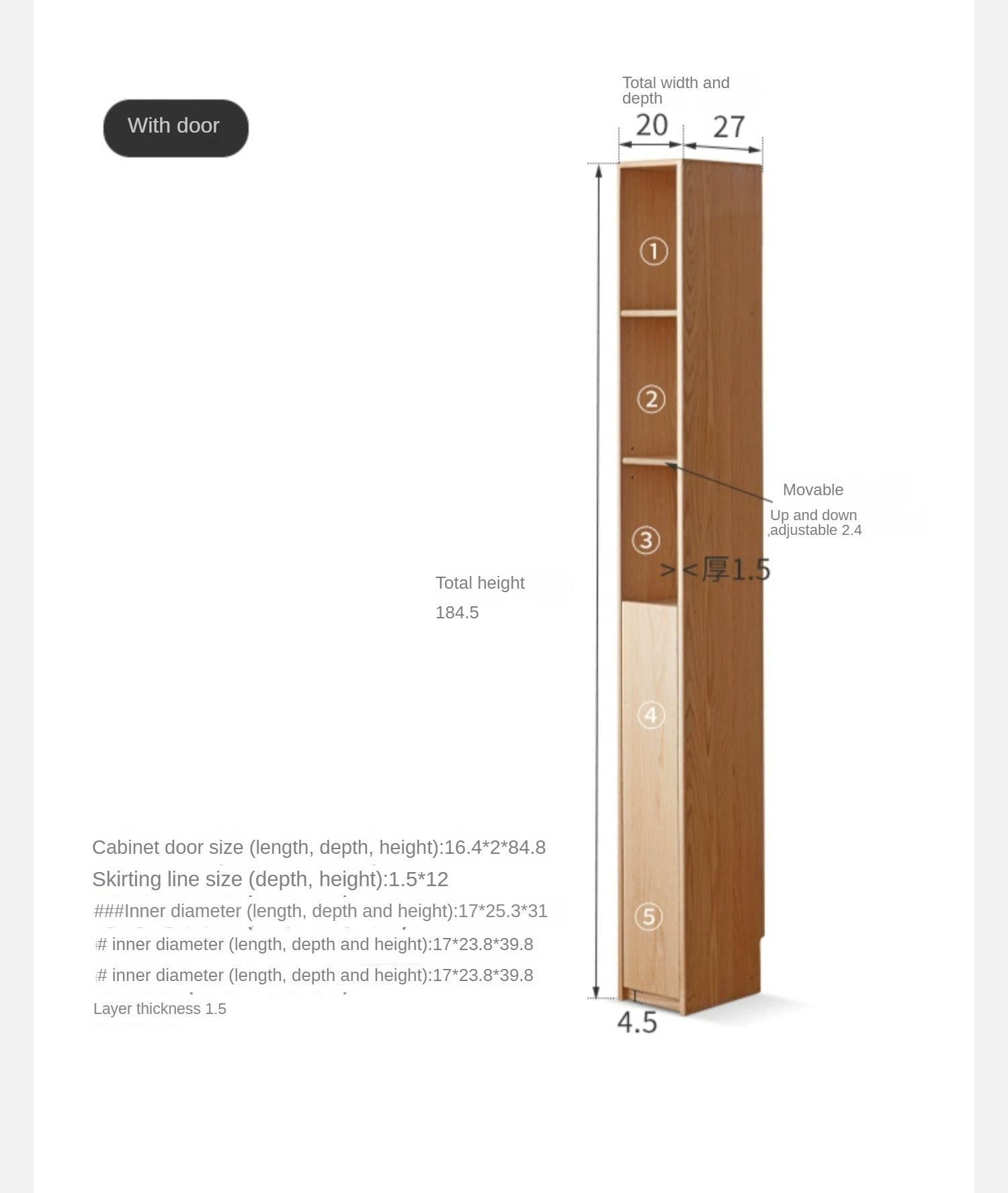 Oak, Rubber Solid Wood Ultra Narrow Bookcase