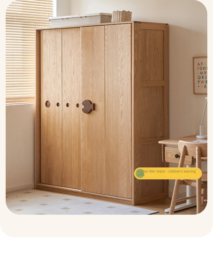 Oak Solid Wood Children's Sliding Door Wardrobe Storage Cabinet