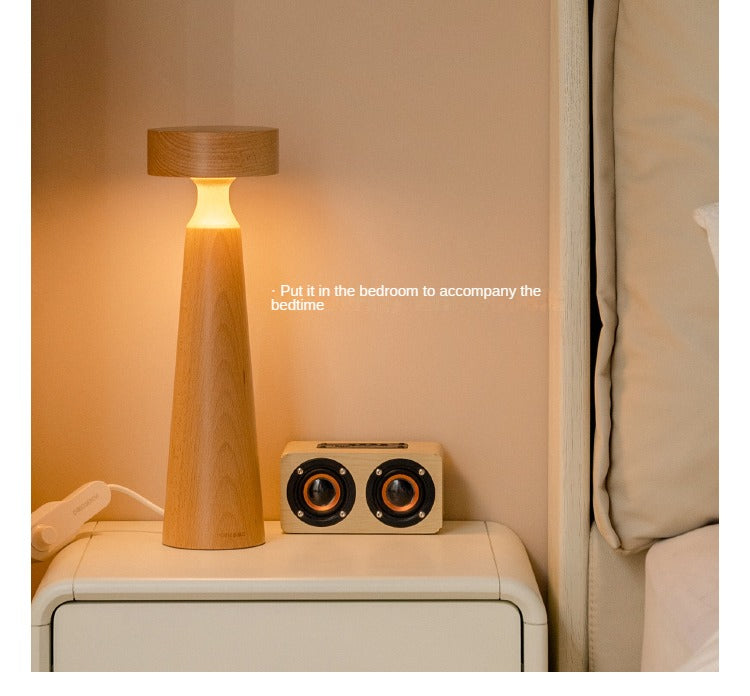 Beech solid wood table bedside mushroom LED light lamp"