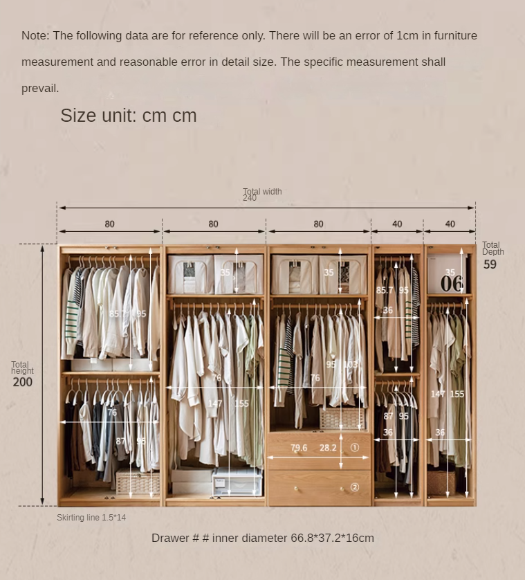 Oak Solid Wood Free Combination Wardrobe Rattan Door.