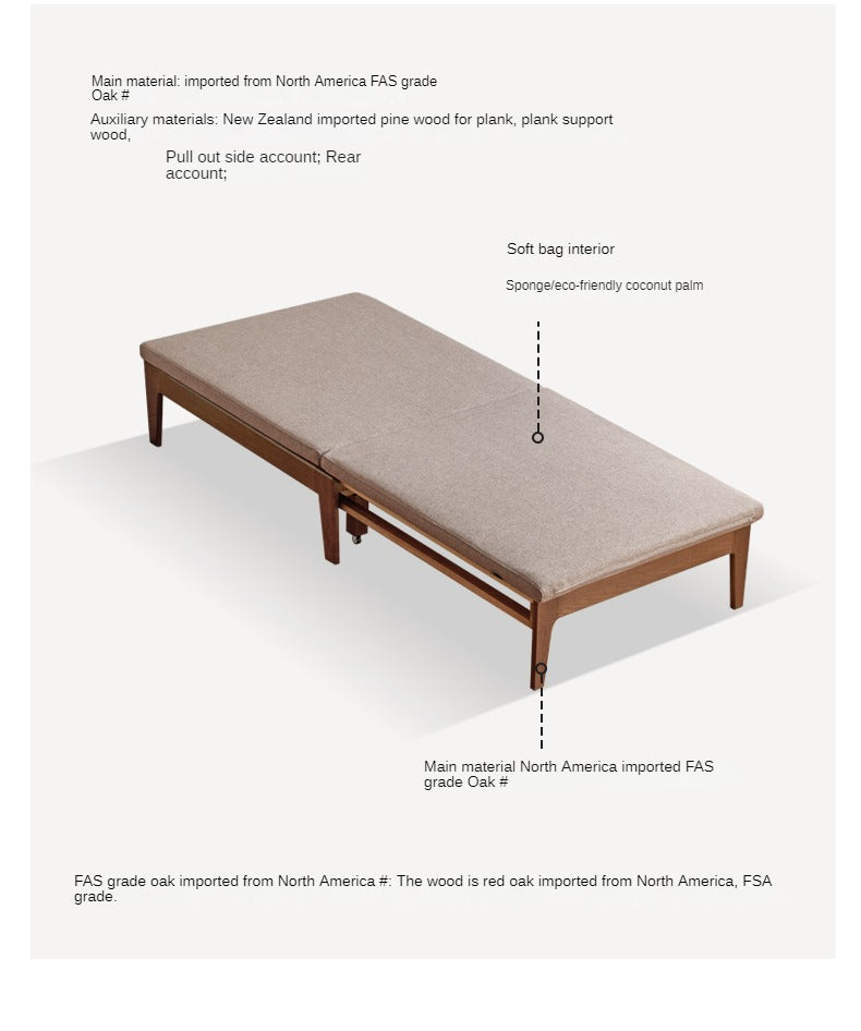 Oak, Beech, Solid Rubberwood Folding Single Retractable Sofa Bed.