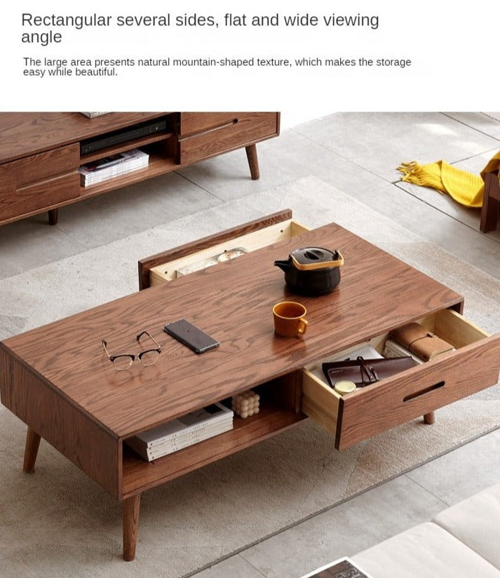 Oak, Solid Rubberwood Two-Drawer Coffee Table Walnut Color