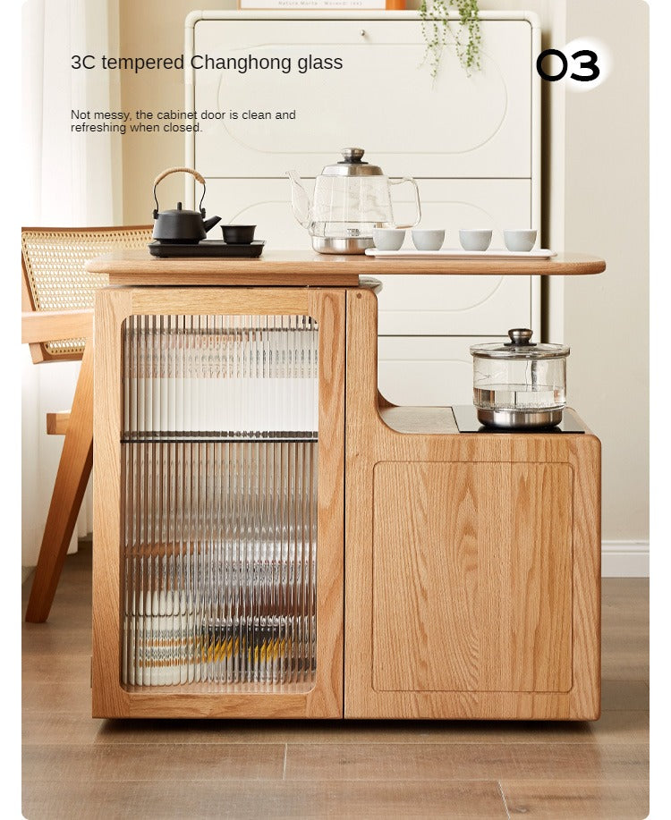 Oak, Black Walnut Solid Wood Movable Tea Cabinet With Tea Maker