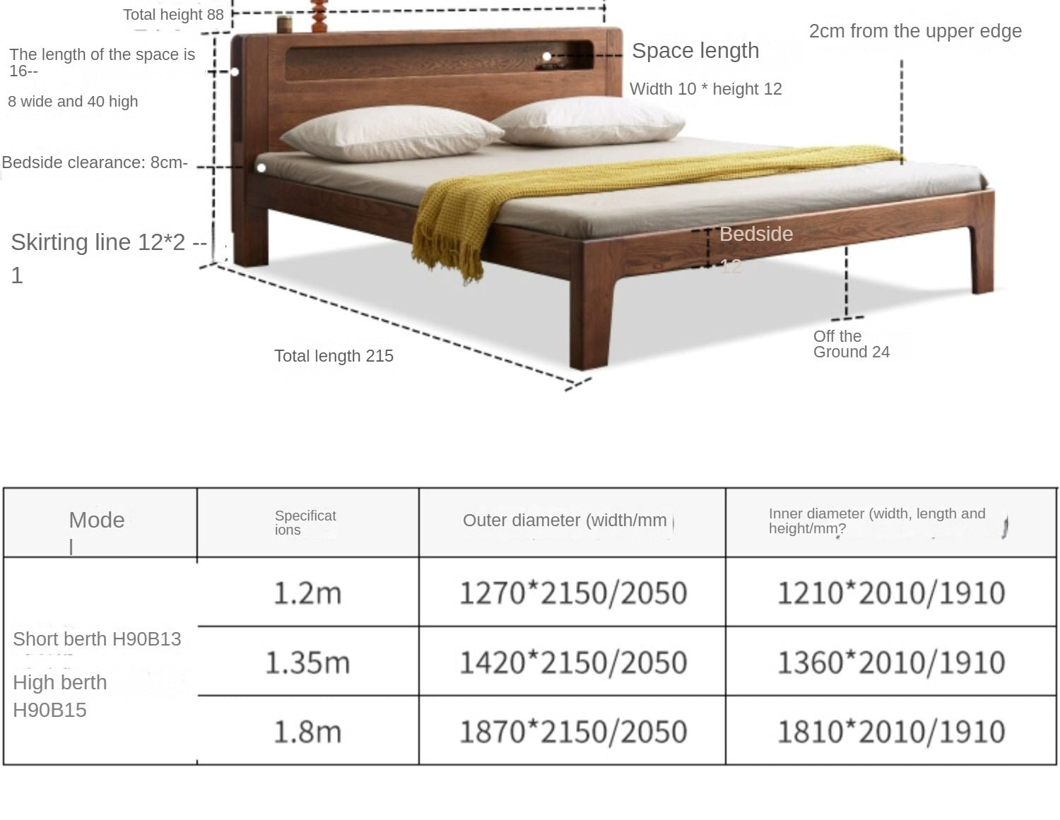 Oak solid wood bed with light walnut-color