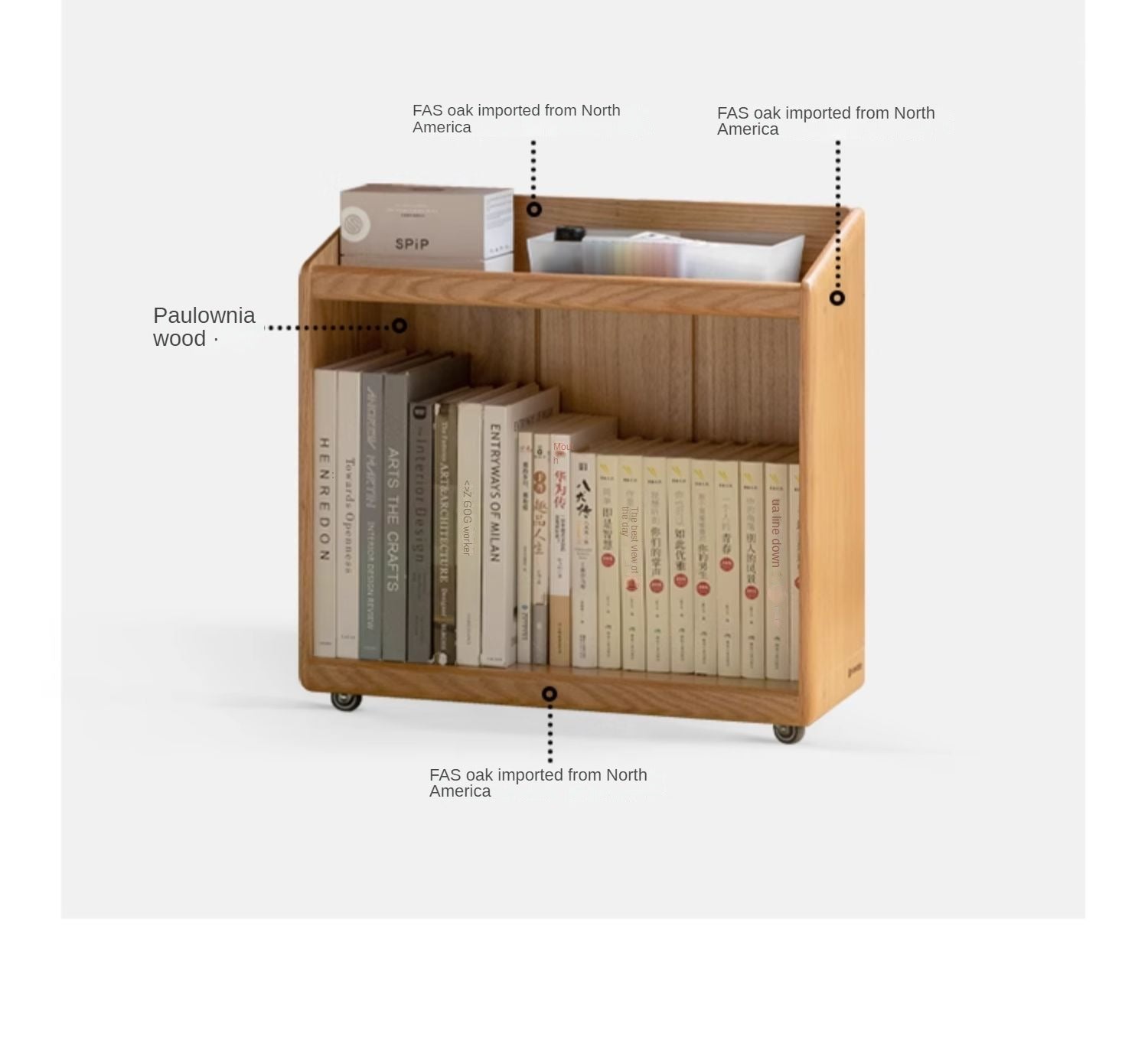 Oak, Rubberwood Solid Wood Under-desk Mobile Bookshelf