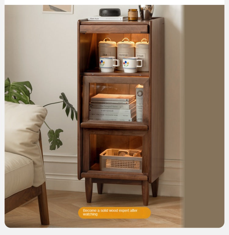 Black Walnut, Oak Solid Wood Glass Flip Door Display Side Cabinet LED Lights