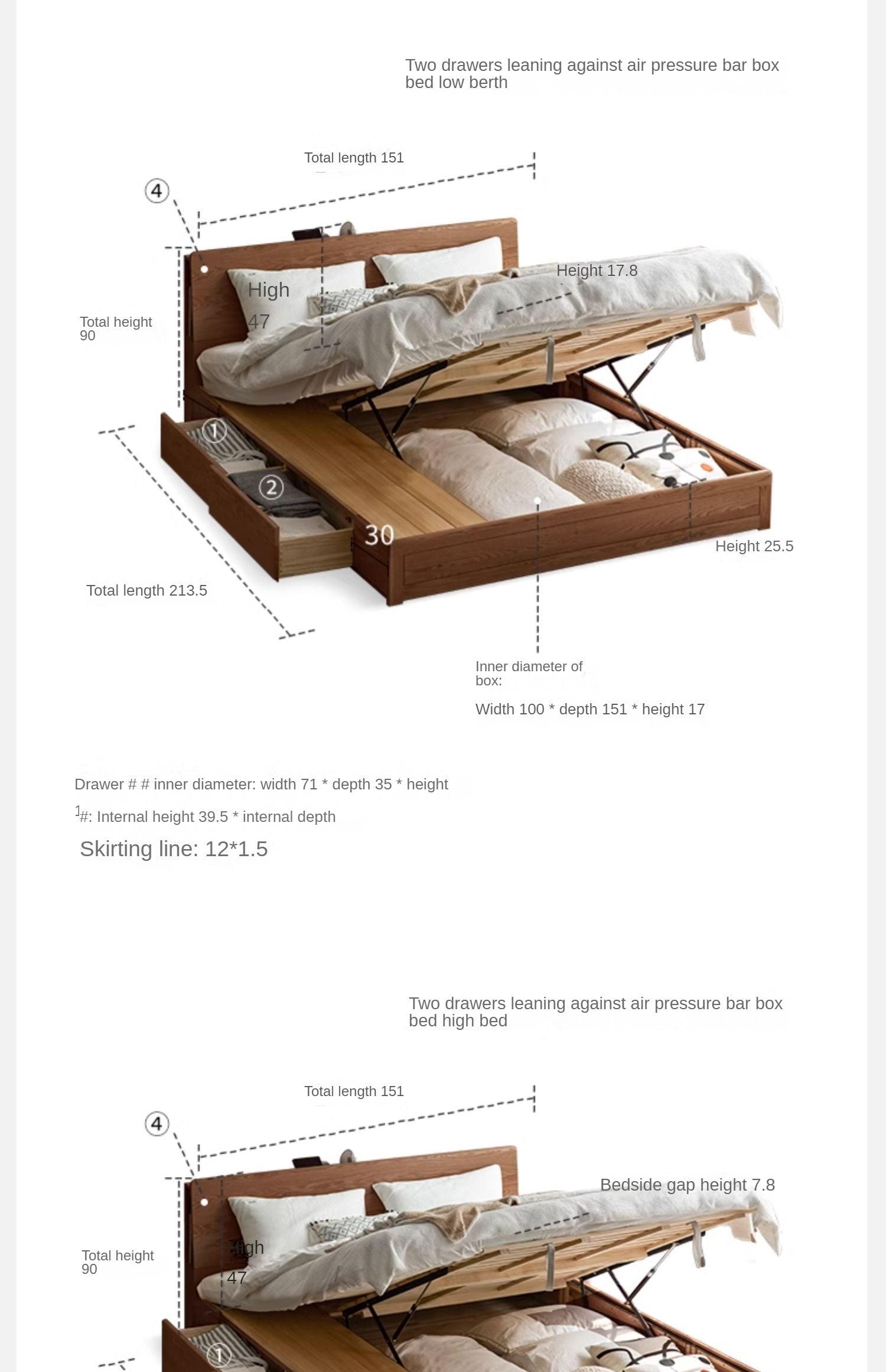 Oak, Rubberwood Solid Wood, Multifunctional Storage Box Bed