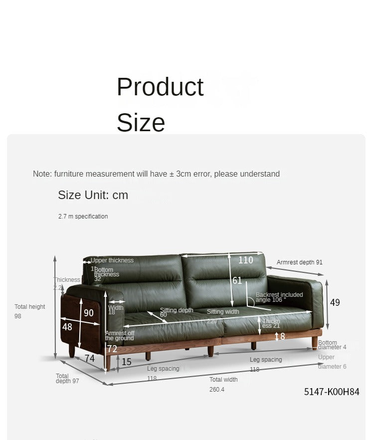 Black Walnut, Ash, Solid Sandalwood Wood Leather Top Layer Yellow Cowhide Sofa.