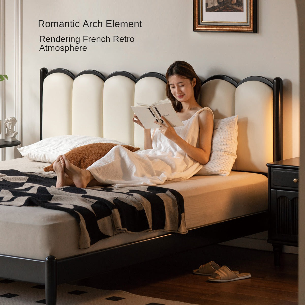 Rubber wood, Poplar Solid Wood Bed French Retro Style Black Harp Bed