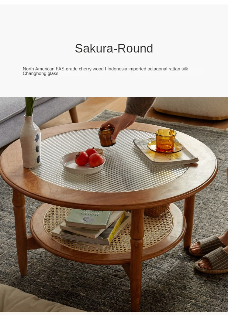Cherry Wood Solid Wood Glass Round Coffee Table