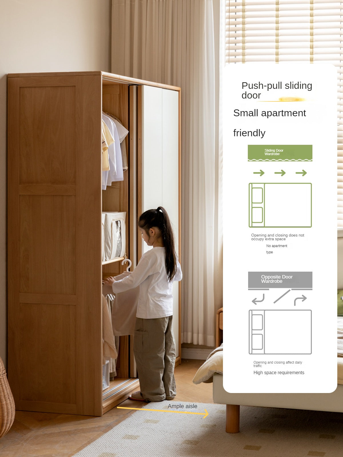 Beech Solid Wood Kids Wardrobe Sliding Door