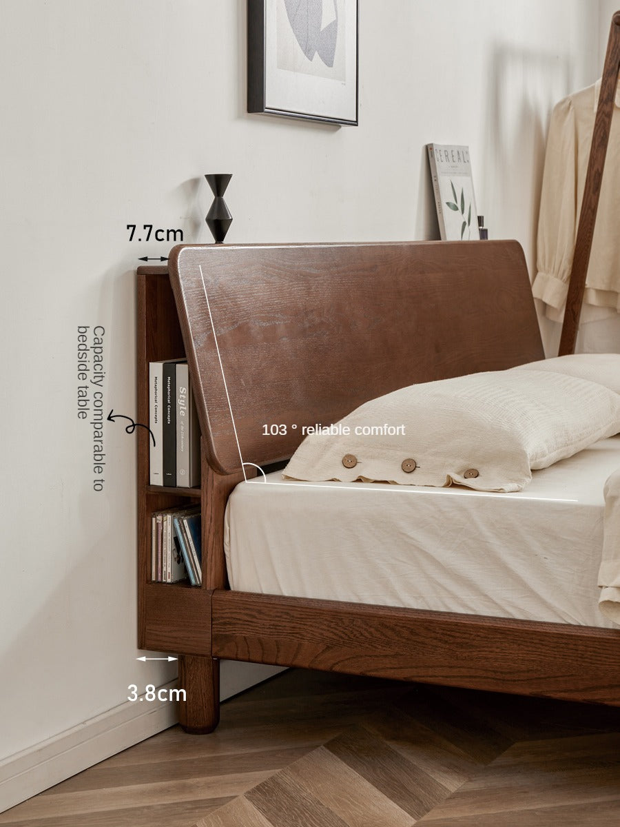 Oak Solid Wood Bed with Light, Storage Space