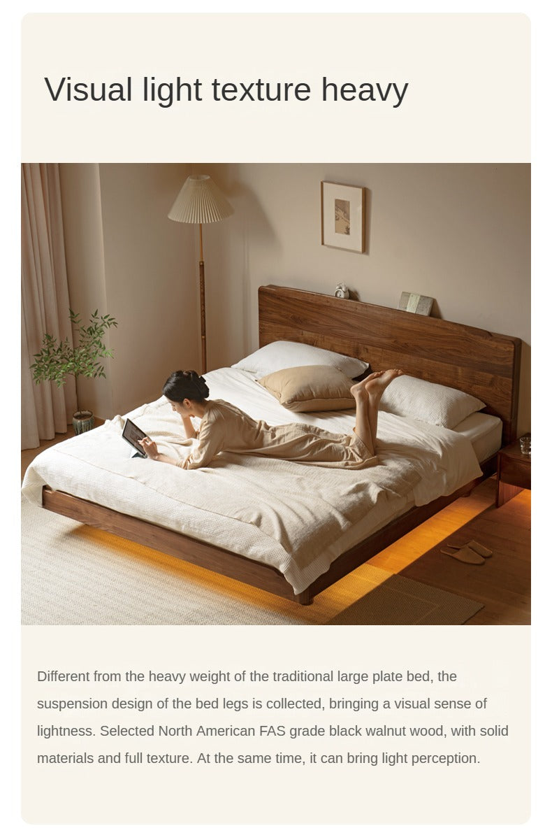 Black Walnut, Ash Solid Wood Big Bed with Light