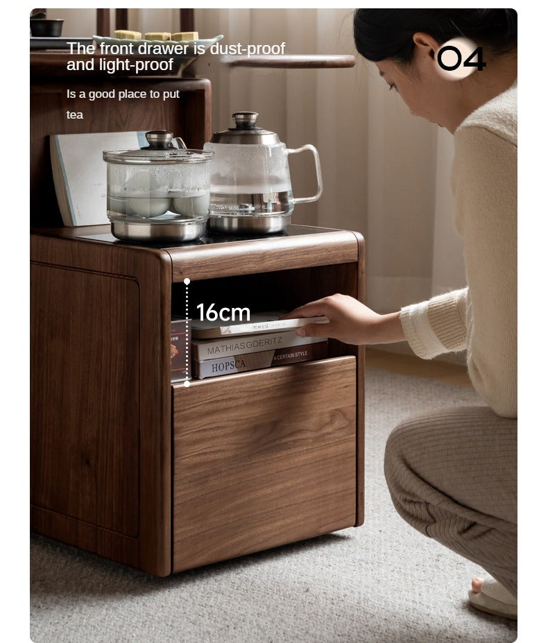 Black Walnut, Oak Solid Wood Movable Tea Cabinet With Tea Maker