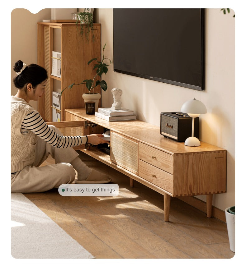 Oak Solid Wood Rattan TV Cabinet