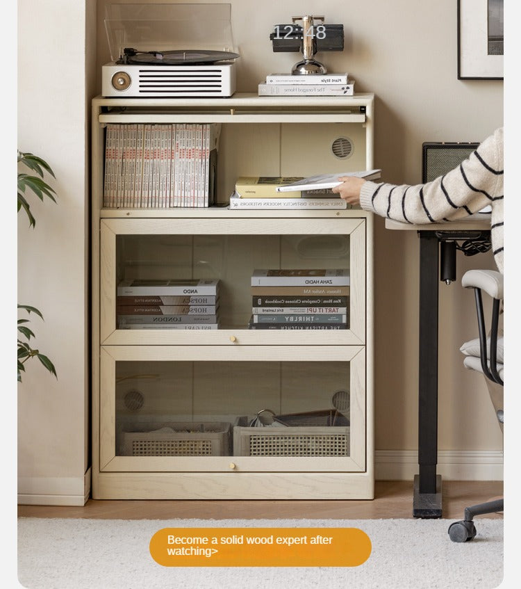 Oak Solid Wood Bookcase Cream Flip Door Glass Display Cabinet