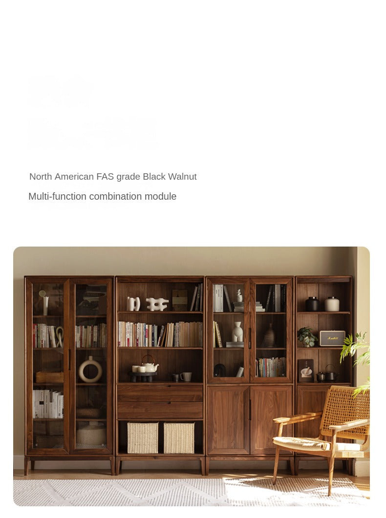 Black Walnut, Ash Solid Wood Combination Dust-Proof Glass Door Bookshelf