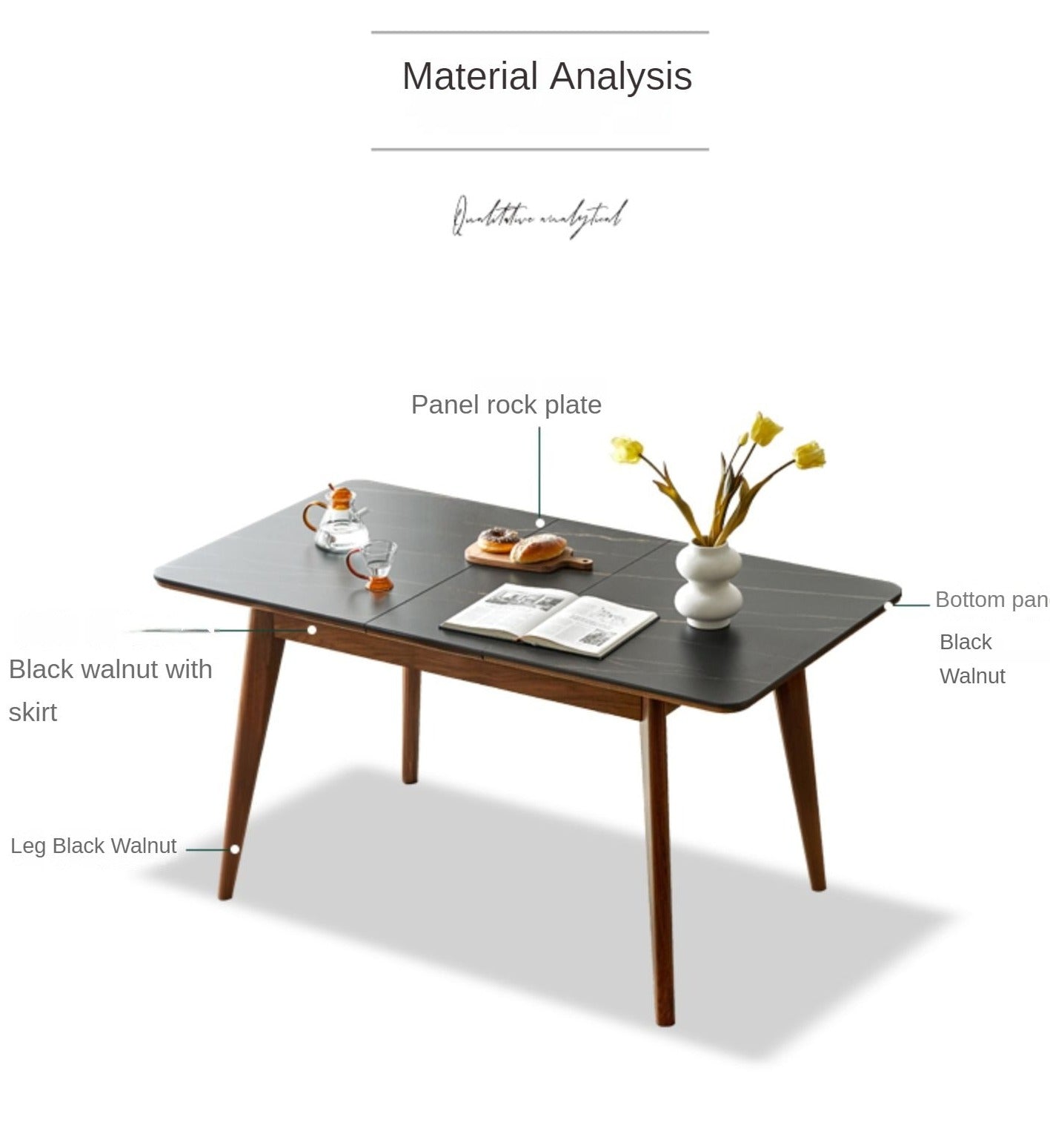 Black Walnut, Ash Solid Wood Telescopic Rock Slab Dining Table