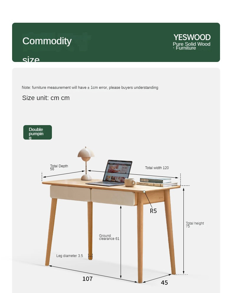 Beech Solid Wood Office Desk with 2 Drawers