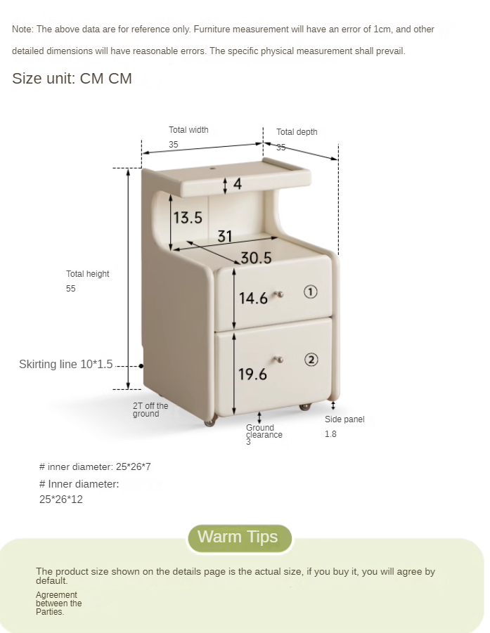 Solid RubberWood Movable Cream Style Nightstand With Light