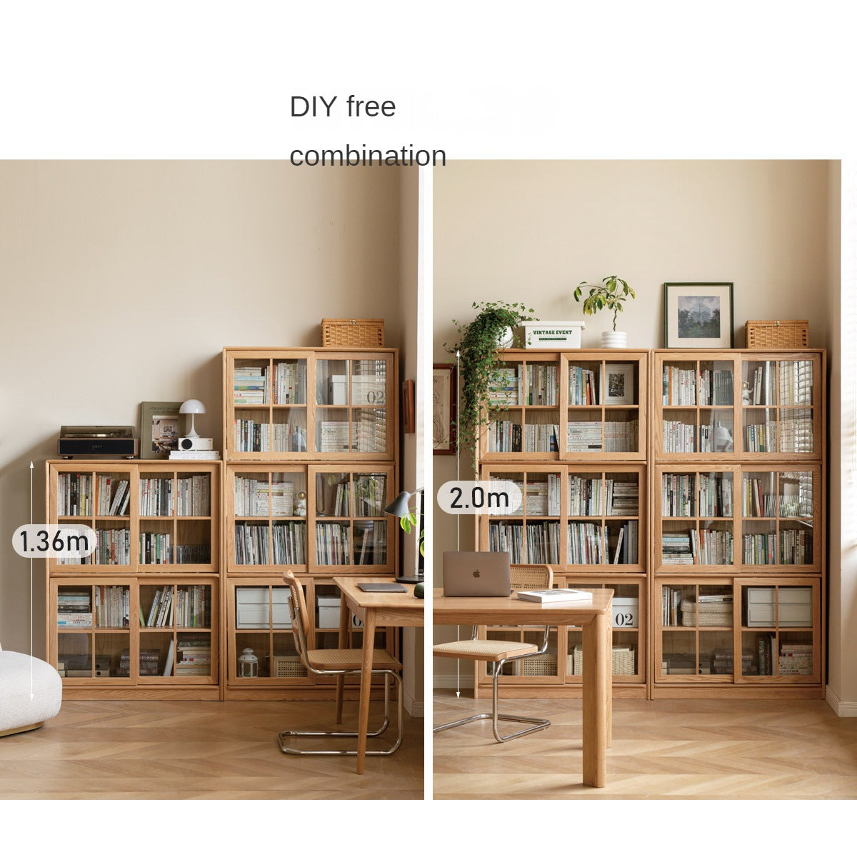 Oak Solid Wood Bookcase Floor to Floor Free Combination Sliding Door