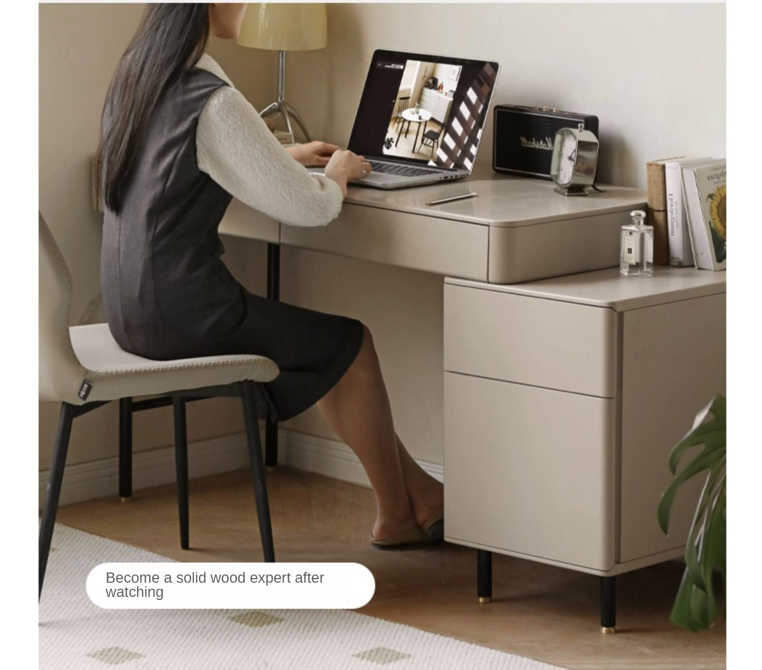 Poplar Solid Wood Telescopic Desk with Bookcase Light Luxury