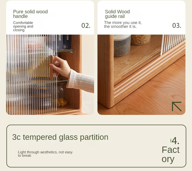 Cherry Solid Wood Glass Sliding Door Sideboard.