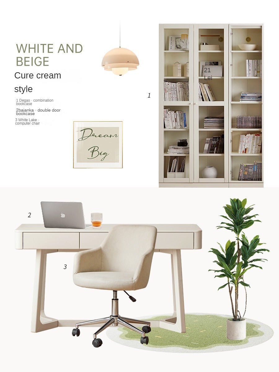 Poplar Solid Wood Combination Bookshelf Wall-To-Ceiling Bookcase Glass Door Display Cabinet Cream Style<