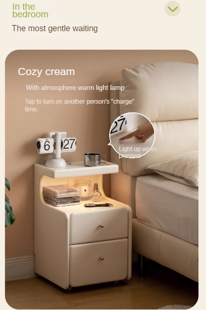 Solid RubberWood Movable Cream Style Nightstand With Light