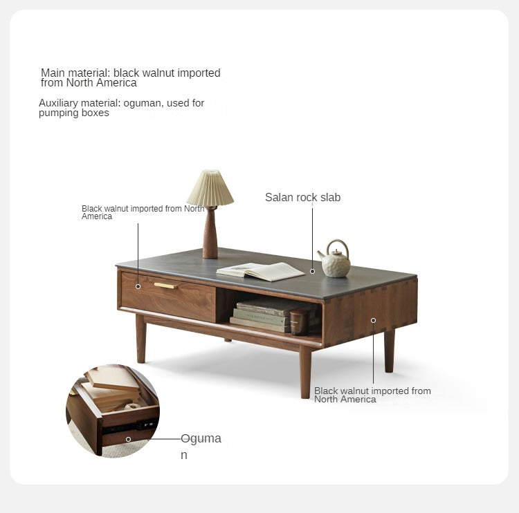 Black Walnut Solid Wood Storage Rock Plate Coffee Table