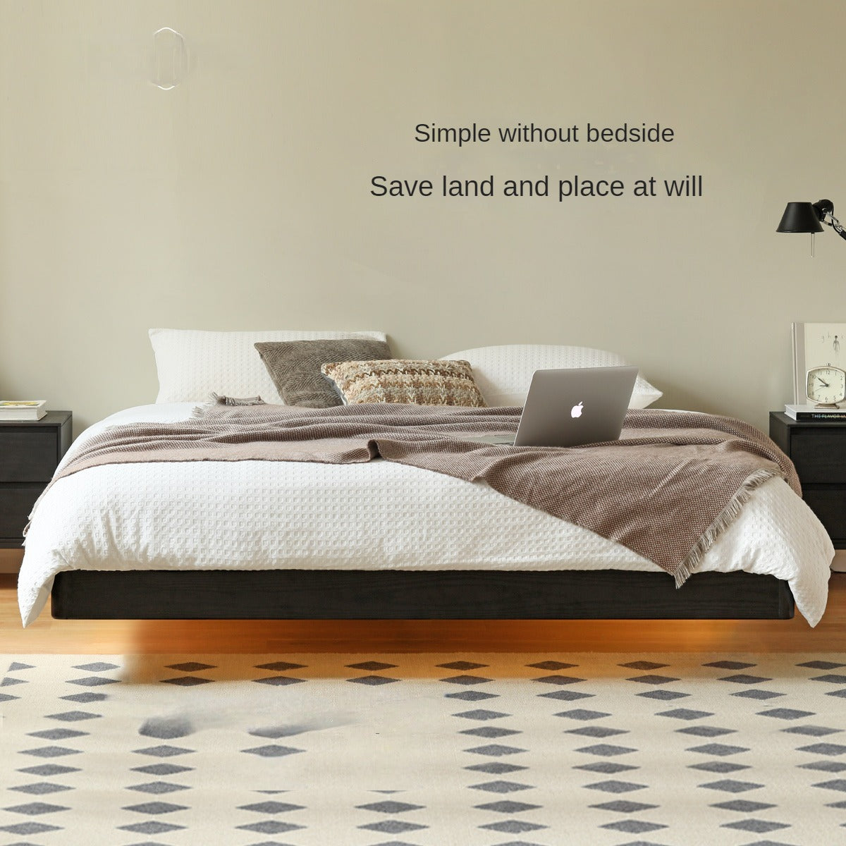 Oak solid wood Suspended platform bed, headboard-free bed Black with light