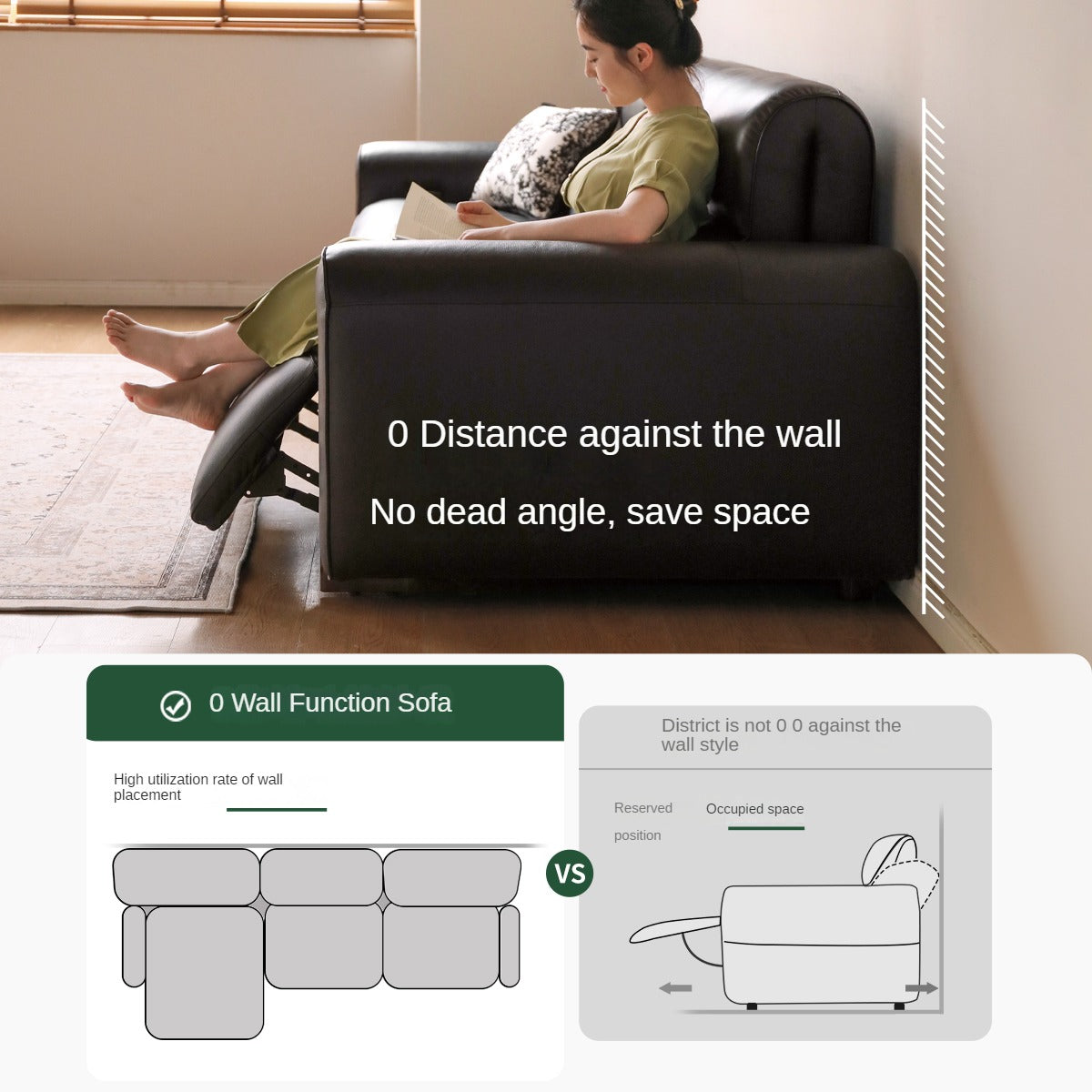 Leather Electric Italian Zero Wall Black Leather Sofa.