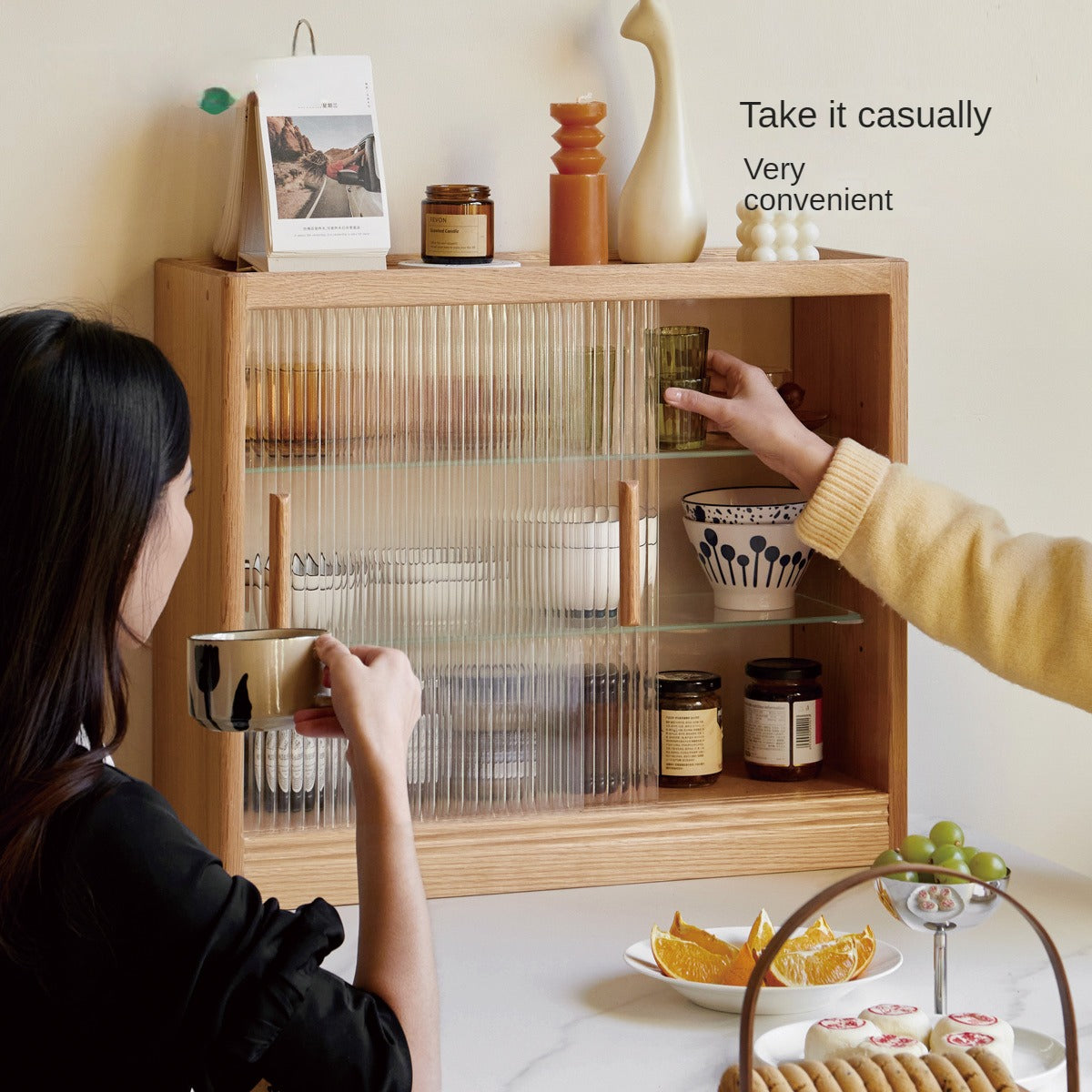 Oak, Cherry Solid Wood Desktop Locker Storage Cabinet Glass Sliding Door
