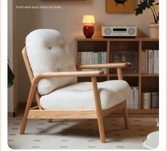 Oak Solid Wood Bouclé Armchair — Modern Cozy Reading Chair