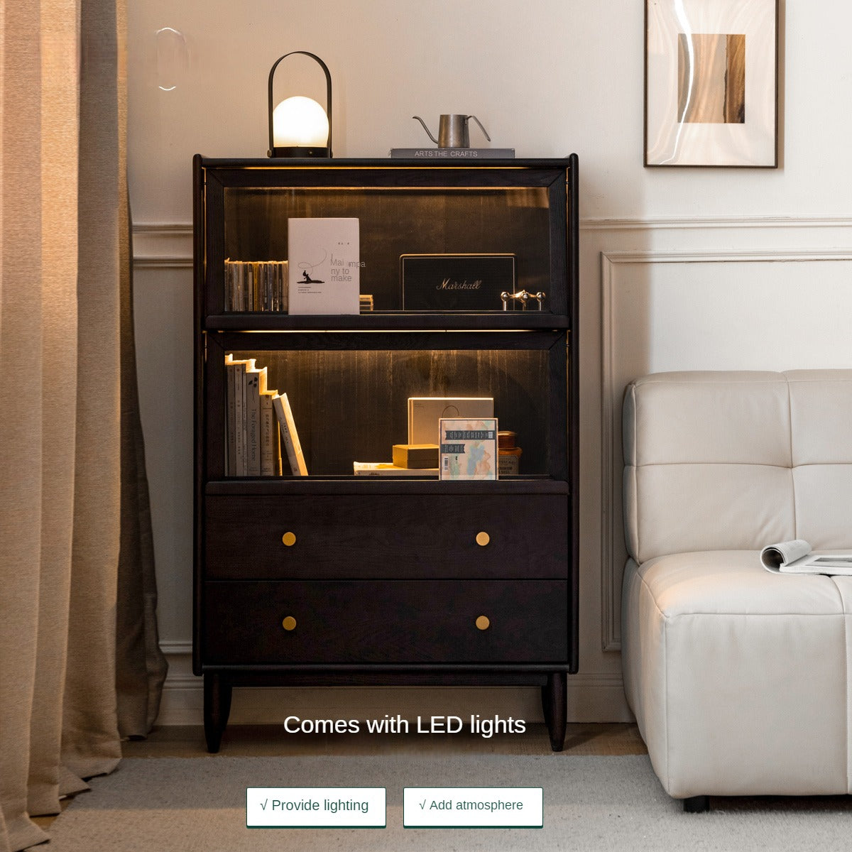 Oak, Ash Solid Wood Side Cabinet LED Lights Smoked