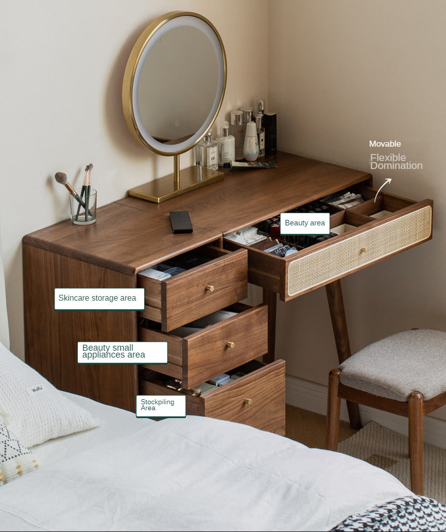 Black Walnut Solid Wood Rattan Vanity Table