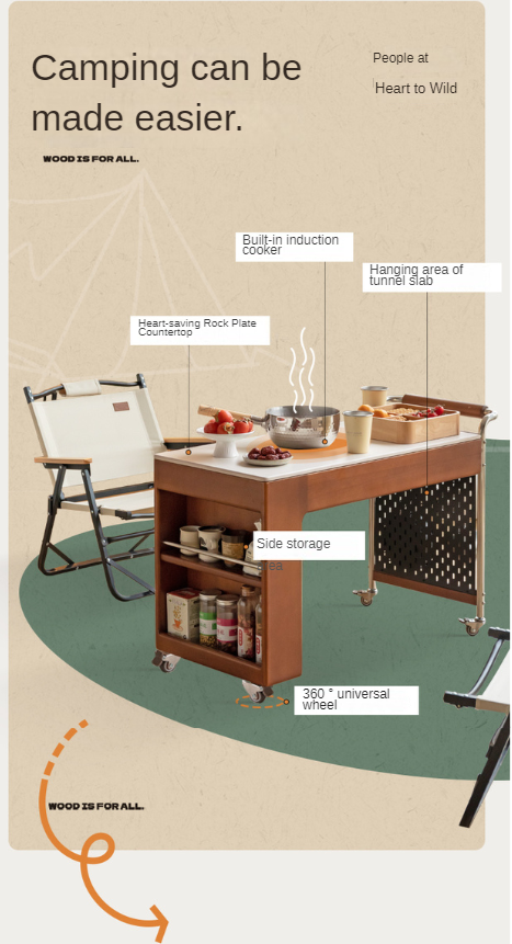 Poplar Solid Wood Coffee Table, Mobile Side Table for Making Tea Around The Stove.