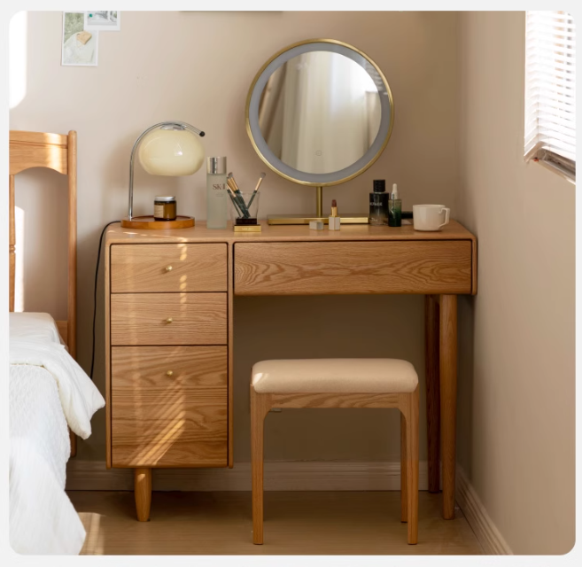 Oak Solid Wood Vanity Table Atmosphere With Lights.